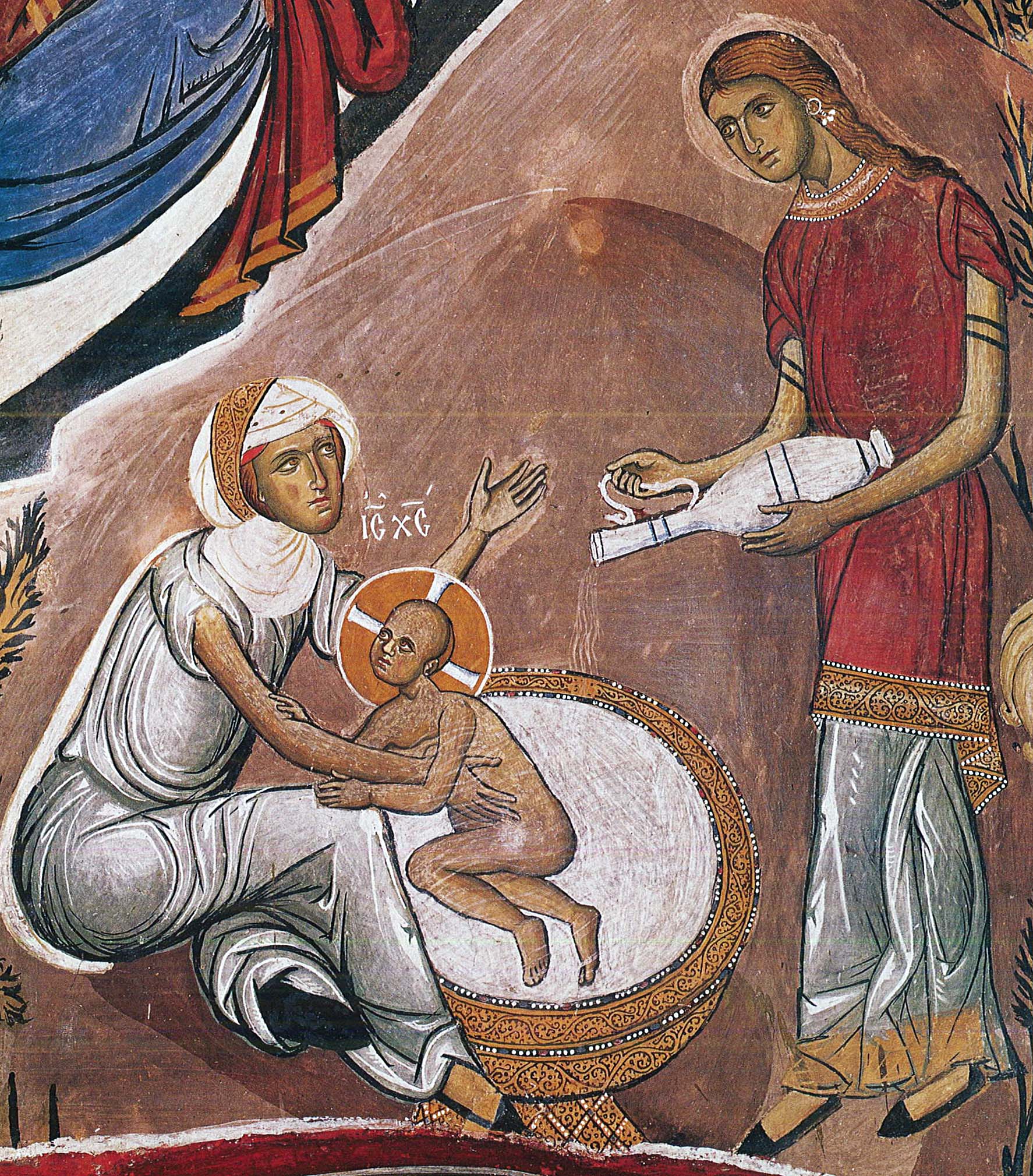 Προετοιμασία του λουτρού του Χριστού, 1192. Λεπτομέρεια από τη σκηνή της Γέννησης του Χριστού από το ναό της Παναγίας του Άρακα. Διακρίνεται κουκουμάριον λευκού χρώματος.