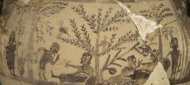 Απεικόνιση υπαίθριου γεύματος σε αμφορέα της Κυπρο-Αρχαϊκής περιόδου από την Αμαθούντα (British Museum Online Collection)