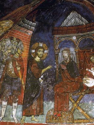 Ο Χριστός ενώπιον του Πιλάτου. Τοιχογραφία από τον ναό της Εγκλείστρας του Αγίου Νεοφύτου, 1200 μ.Χ. περίπου.