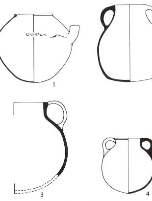 Μαγείρισσες διαφόρων τύπων της Μεσαιωνικής περιόδου (13ος-16ος αι.) από την Πάφο (αρ. 1, 2) και τη Λευκωσία (αρ. 3, 4), με σφαιρικό σώμα, ίχνη εφυάλωσης εσωτερικά (αρ. 1, 3, 4) και αποστρογγυλεμένη βάση.