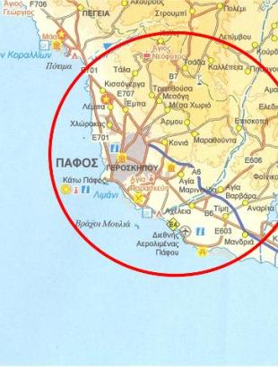 Χάρτης του ΝΔ τμήματος της επαρχίας Πάφου με τα χωριά στα οποία γινόταν η συλλογή ρητίνης από τους τρέμιθους και/ή παρασκευή της παφίτικης πίσσας.