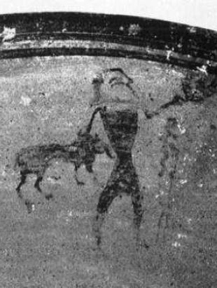 EIK.2: Λεπτομέρεια από την εικονιστική απεικόνιση του κυπέλλου όπου ένας κυνηγός κρατά στο ένα χέρι μία φωλιά με πουλιά (Karageorghis 1974, 829)