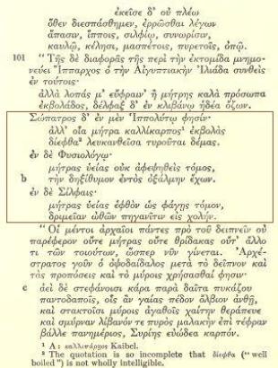 ΚΕΙΜ.1 Το απόσπασμα όπου γίνεται αναφορά στην μήτρα και την κατανάλωσή της (Αθήναιος, Δειπνοσοφισταί 3.101a,b)