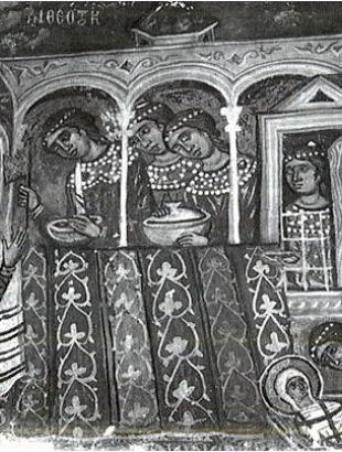 Σκεπασμένο σκεύος το οποίο πιθανώς περιέχει είδος σούπας. Παράσταση της Γέννησης της Θεοτόκου του 14ου αι. από τον ναό του Τιμίου Σταυρού στο Πελέντρι.