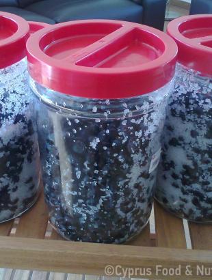 Αλατισμένες ελιές σε σύγχρονα, πλαστικά δοχεία &lt;br/&gt; Πηγή: Στάλω Λαζάρου