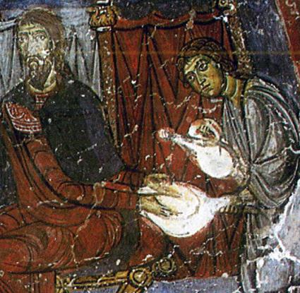 Ο Χριστός ενώπιον του Πιλάτου, λεπτομέρεια. Ο Πιλάτος πλένει τα χέρια του. Τοιχογραφία από τον ναό της Εγκλείστρας του Αγίου Νεοφύτου, 1200 μ.Χ. περίπου.