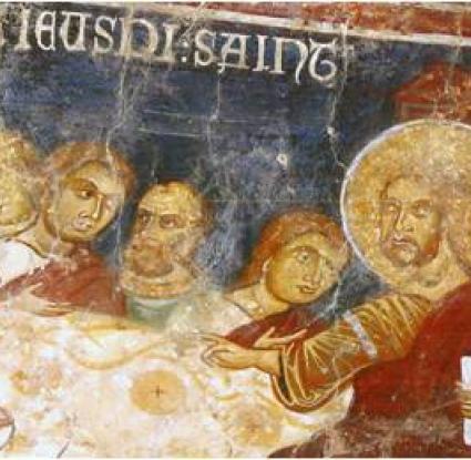 Πηγή: Wollesen J.T. (2010), Patrons and Patrons on Cyprus: The Frescoes in the Royal Chapel at Pyrga, Έγχρ. Πίνακας 4,176. Toronto: Pontifical Institute of Medieval Studies. «Λεπτομέρεια του Μυστικού Δείπνου, αρχές 14ου αι., "Βασιλικό Παρεκκλήσι" στα Πυργά. Μπροστά στον Ιησού διακρίνονται ψωμιά σφαιρικού σχήματος»