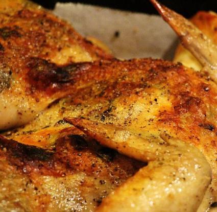 Κοτόπουλο στο φούρνο. <br/> Πηγή: Michael J. Bennett, https://commons.wikimedia.org/wiki/File:Roasted_Chicken,_Butterflied,_on_Potatoes,_Baking_Pan_Close_UP.jpg