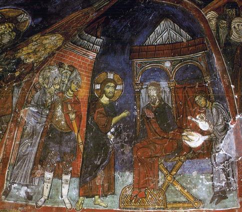 Ο Χριστός ενώπιον του Πιλάτου. Τοιχογραφία από τον ναό της Εγκλείστρας του Αγίου Νεοφύτου, 1200 μ.Χ. περίπου.
