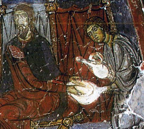 Ο Χριστός ενώπιον του Πιλάτου, λεπτομέρεια. Ο Πιλάτος πλένει τα χέρια του. Τοιχογραφία από τον ναό της Εγκλείστρας του Αγίου Νεοφύτου, 1200 μ.Χ. περίπου.